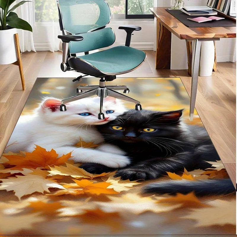 Cuddling Cats Autumn Leaves Rug - Cozy Pet Lover Decor for Bedroom or Study, Soft Texture with Realistic Cat Illustration