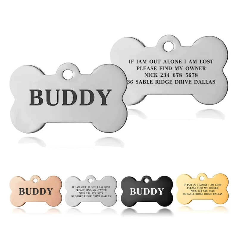 Premium Engraved Personalised Dog ID Tag Dog Name Tag Cat Puppy Name ID Bone Tag Collar Black Silver Gold Stainless Steel