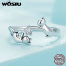 WOSTU 925 Sterling Silver Cat Pet Adjustable Rings For Women Animal Dog Open Ring Family Daughter Birthday Jewelry Girl Gift