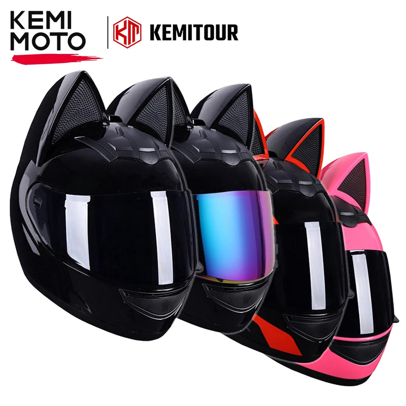KEMIMOTO Full Face Motorcycle Helmet Cat Ear For Women Motocross Motorbike Men's Moto Helmet Breathable DOT Girlfriend Gift